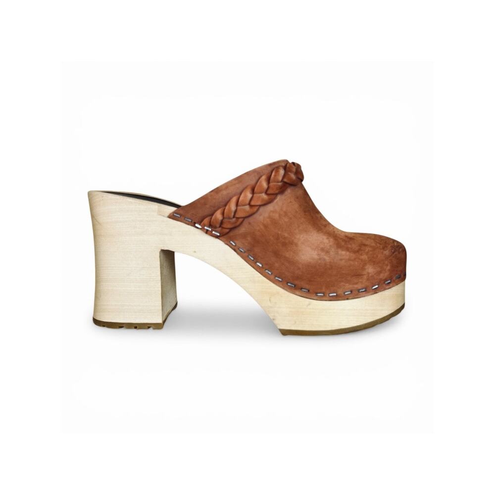 Swedish Hasbeens Laila Braided Platform Clog Tan Suede Wood Heel EU 36